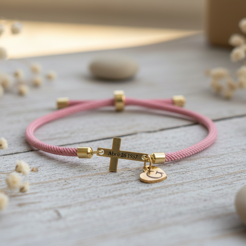 Personalized Cross Bracelet with Engraved Date/Name with Custom Initial Heart Charm | Christian Faith Bracelet