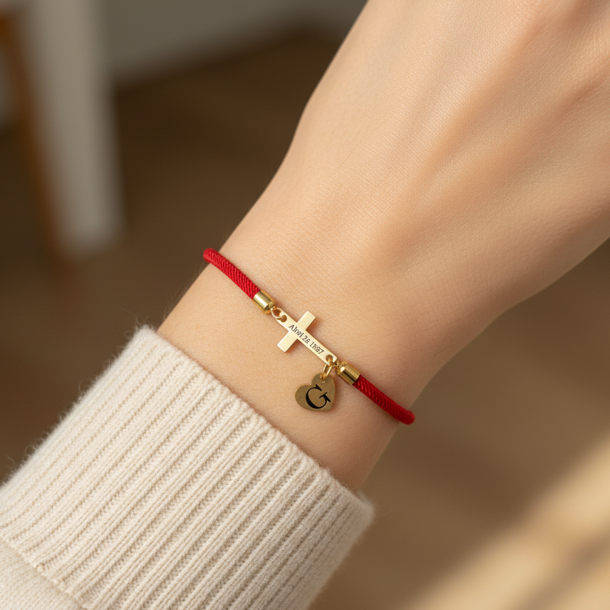 Personalized Cross Bracelet with Engraved Date/Name with Custom Initial Heart Charm | Christian Faith Bracelet