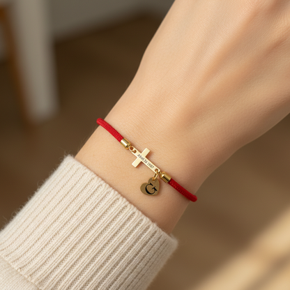 Personalized Cross Bracelet with Engraved Date/Name with Custom Initial Heart Charm | Christian Faith Bracelet