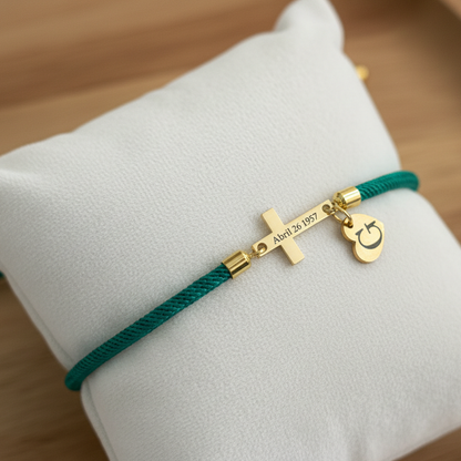 Personalized Cross Bracelet with Engraved Date/Name with Custom Initial Heart Charm | Christian Faith Bracelet
