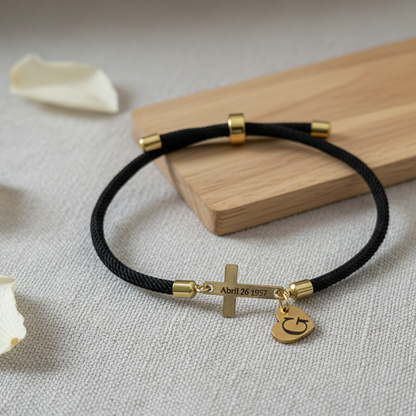 Personalized Cross Bracelet with Engraved Date/Name with Custom Initial Heart Charm | Christian Faith Bracelet
