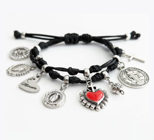 Blessed Catholic Charm Bracelet – Handmade Devotional Cord Bracelet with Sacred Heart