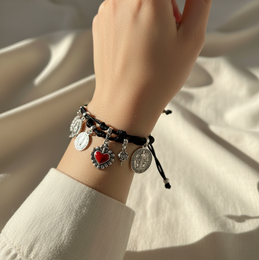 Blessed Catholic Charm Bracelet – Handmade Devotional Cord Bracelet with Sacred Heart