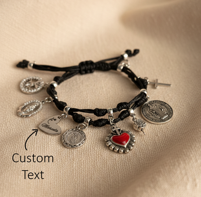 Blessed Catholic Charm Bracelet – Handmade Devotional Cord Bracelet with Sacred Heart