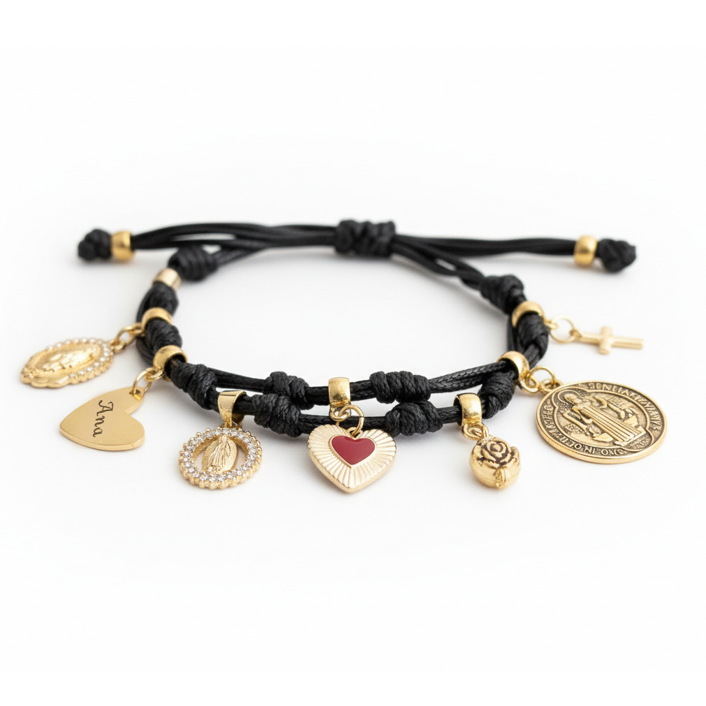Blessed Catholic Charm Bracelet – Handmade Devotional Cord Bracelet with Sacred Heart-Model Golden