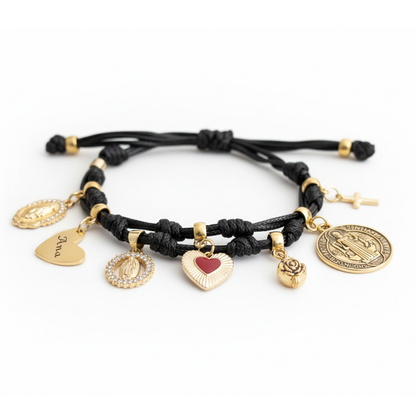 Blessed Catholic Charm Bracelet – Handmade Devotional Cord Bracelet with Sacred Heart-Model Golden