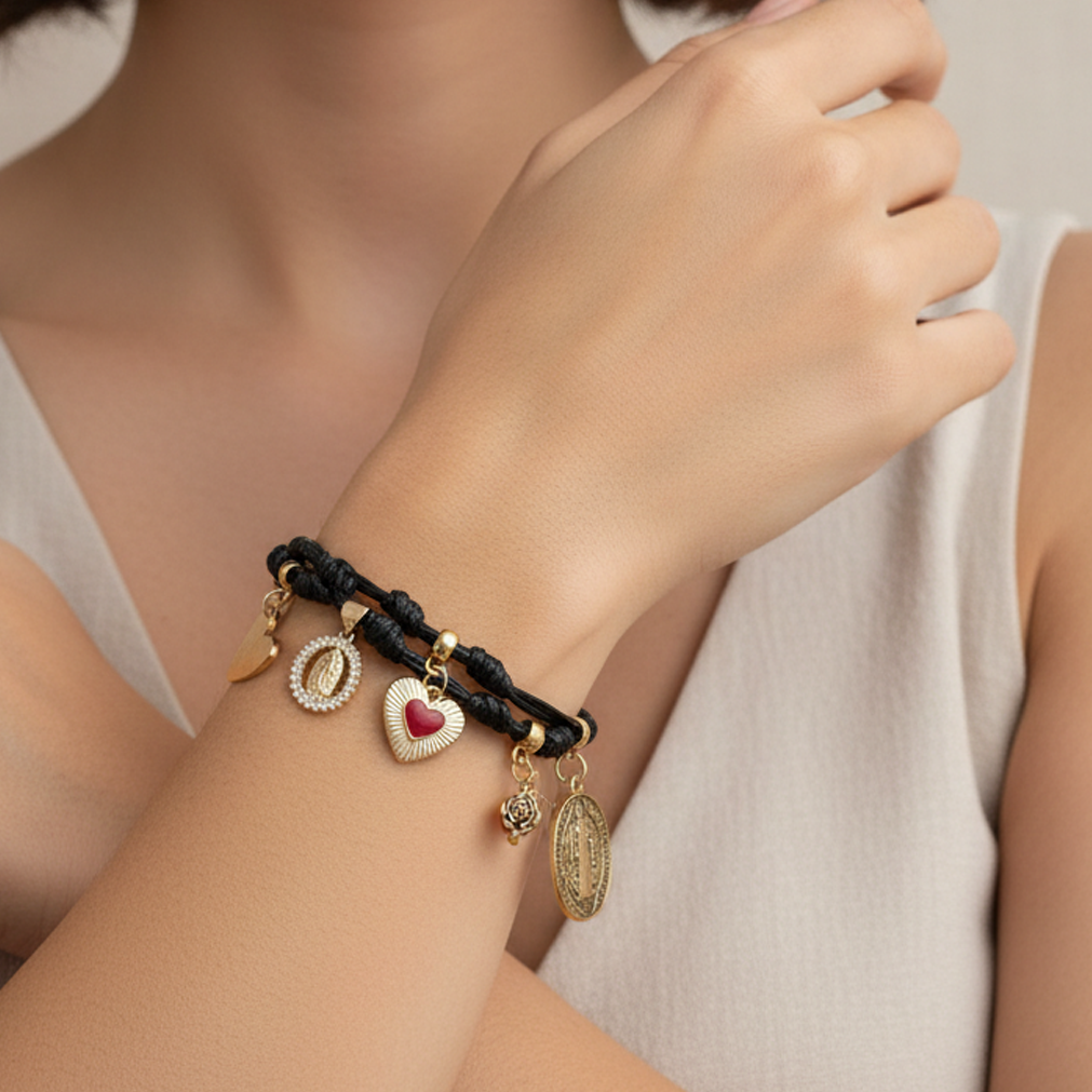 Blessed Catholic Charm Bracelet – Handmade Devotional Cord Bracelet with Sacred Heart-Model Golden