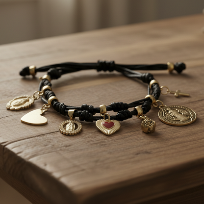 Blessed Catholic Charm Bracelet – Handmade Devotional Cord Bracelet with Sacred Heart-Model Golden