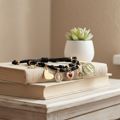 Blessed Catholic Charm Bracelet – Handmade Devotional Cord Bracelet with Sacred Heart-Model Golden