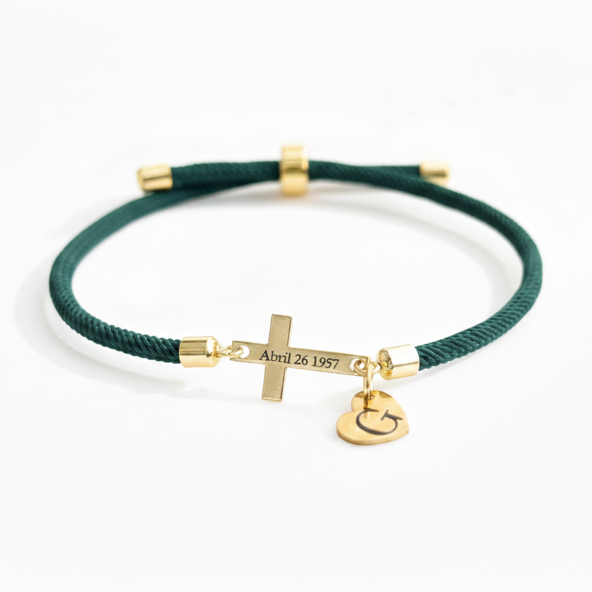 Personalized Cross Bracelet with Engraved Date/Name with Custom Initial Heart Charm | Christian Faith Bracelet