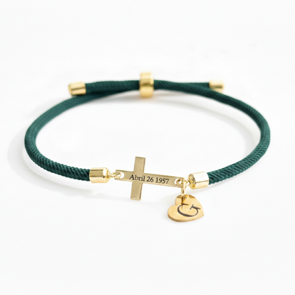 Personalized Cross Bracelet with Engraved Date/Name with Custom Initial Heart Charm | Christian Faith Bracelet