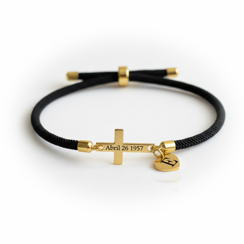 Personalized Cross Bracelet with Engraved Date/Name with Custom Initial Heart Charm | Christian Faith Bracelet