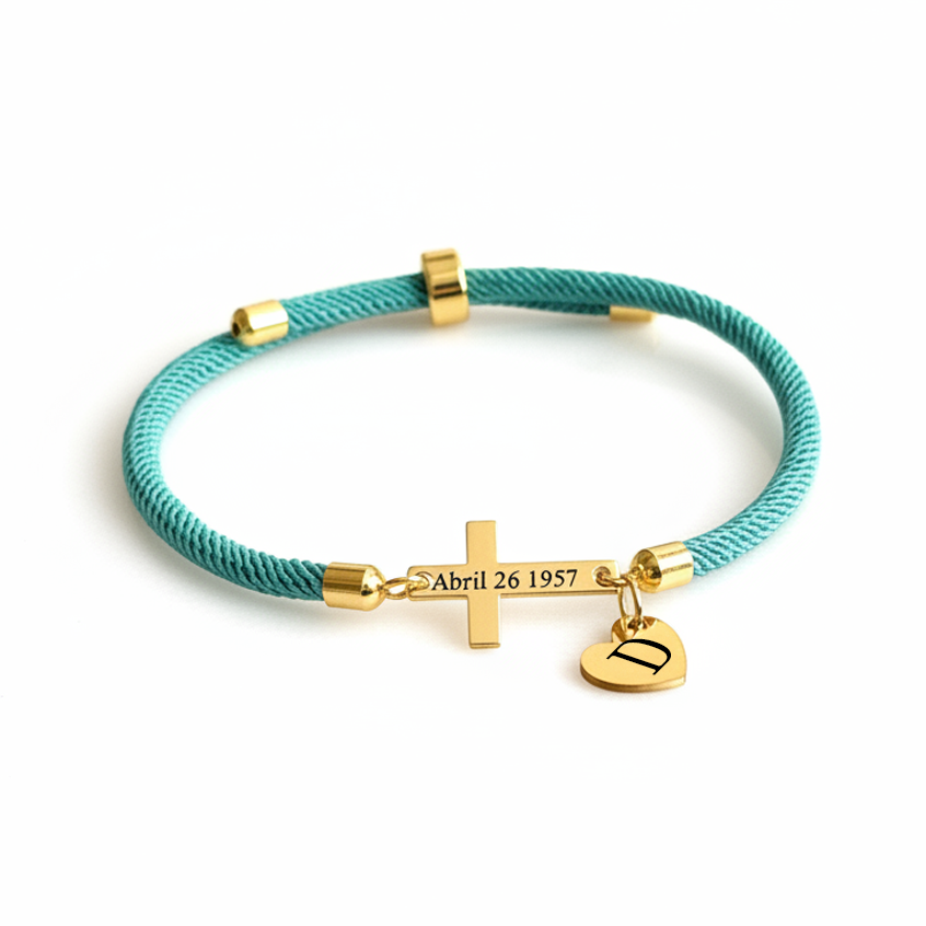 Personalized Cross Bracelet with Engraved Date/Name with Custom Initial Heart Charm | Christian Faith Bracelet