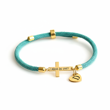 Personalized Cross Bracelet with Engraved Date/Name with Custom Initial Heart Charm | Christian Faith Bracelet