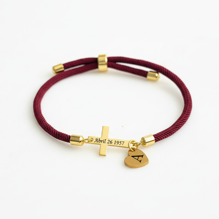 Personalized Cross Bracelet with Engraved Date/Name with Custom Initial Heart Charm | Christian Faith Bracelet