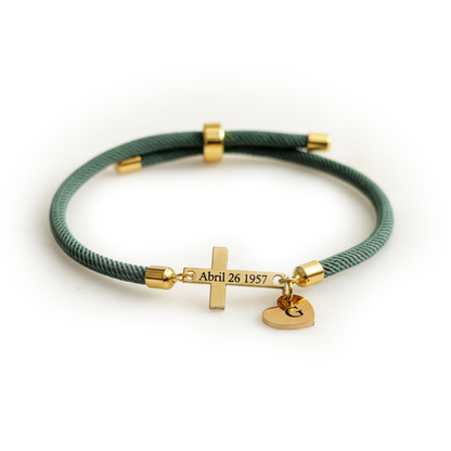 Personalized Cross Bracelet with Engraved Date/Name with Custom Initial Heart Charm | Christian Faith Bracelet