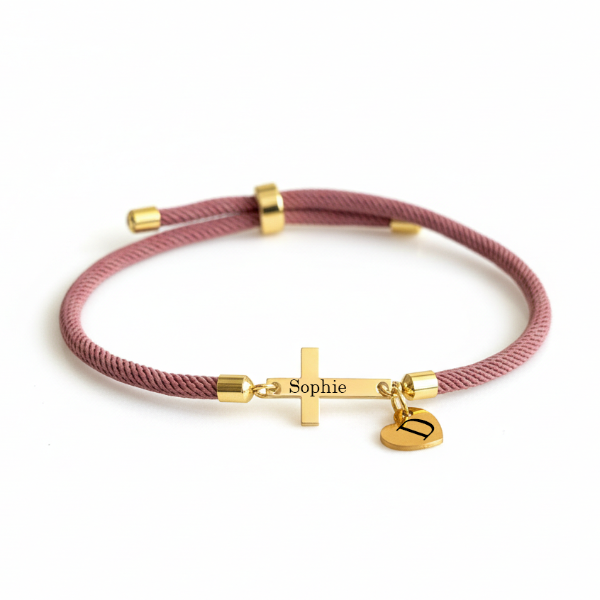 Personalized Cross Bracelet with Engraved Date/Name with Custom Initial Heart Charm | Christian Faith Bracelet