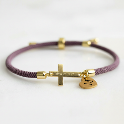 Personalized Cross Bracelet with Engraved Date/Name with Custom Initial Heart Charm | Christian Faith Bracelet
