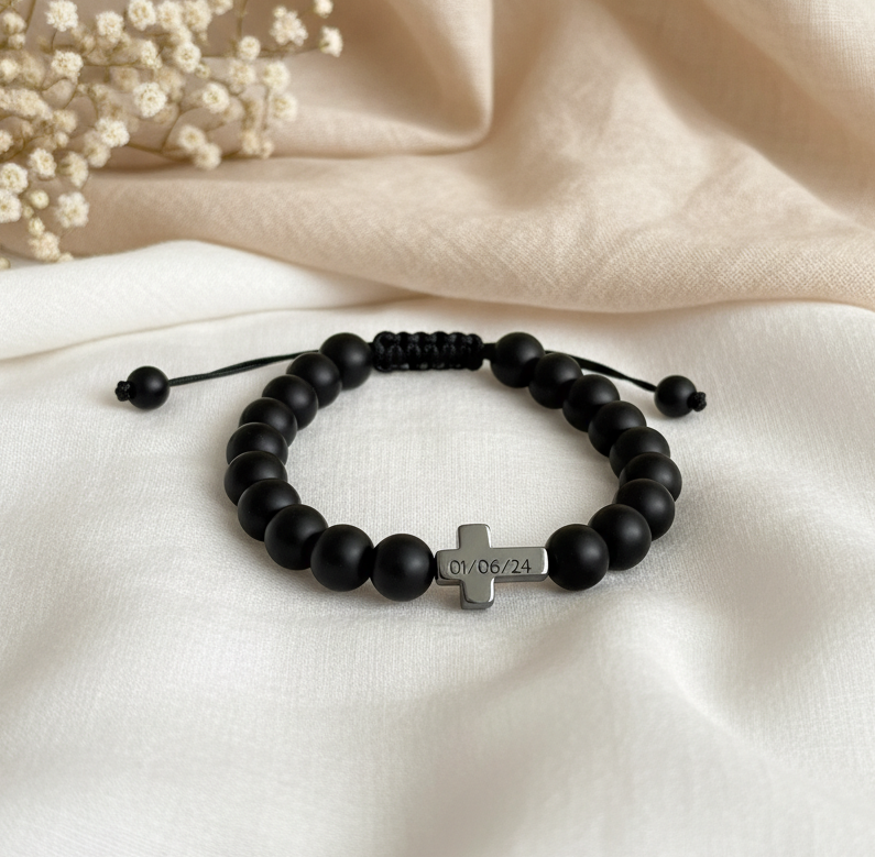Personalized Cross Faith Bracelet – Handmade Black Bead Christian Jewelry