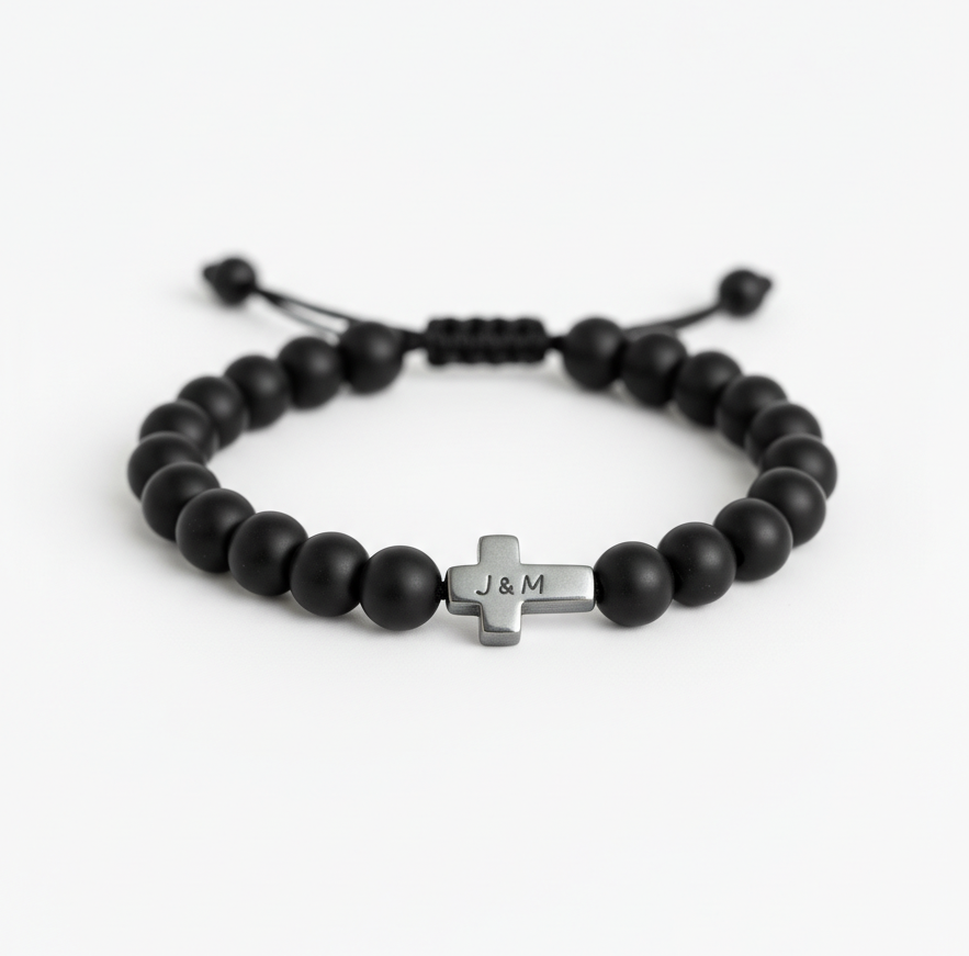 Personalized Cross Faith Bracelet – Handmade Black Bead Christian Jewelry
