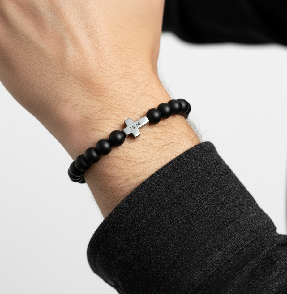 Personalized Cross Faith Bracelet – Handmade Black Bead Christian Jewelry