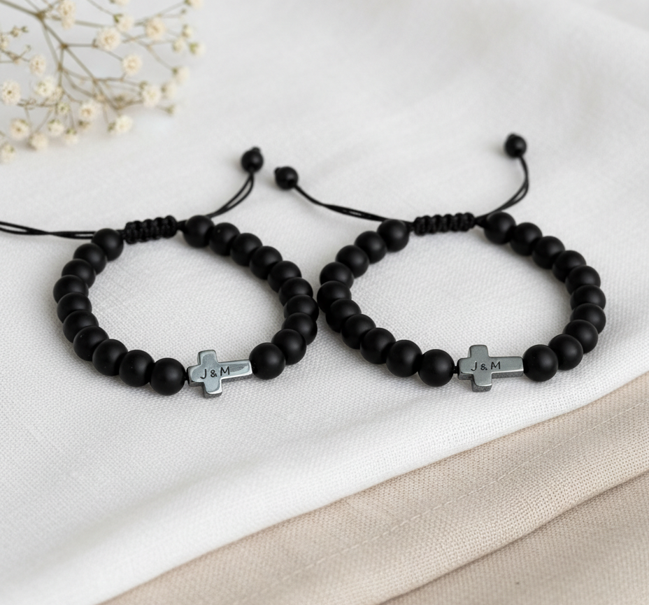 Personalized Cross Faith Bracelet – Handmade Black Bead Christian Jewelry