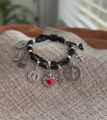 Blessed Catholic Charm Bracelet – Handmade Devotional Cord Bracelet with Sacred Heart